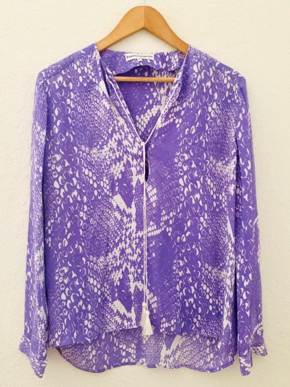 Karina Grimaldi Purple Snakeskin Pattern Tassel Tie Blouse